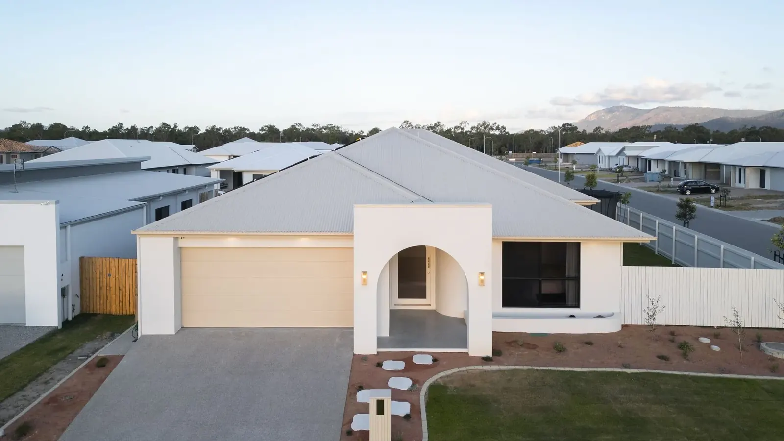Sunnymount House from above, arched entry and tiled roof